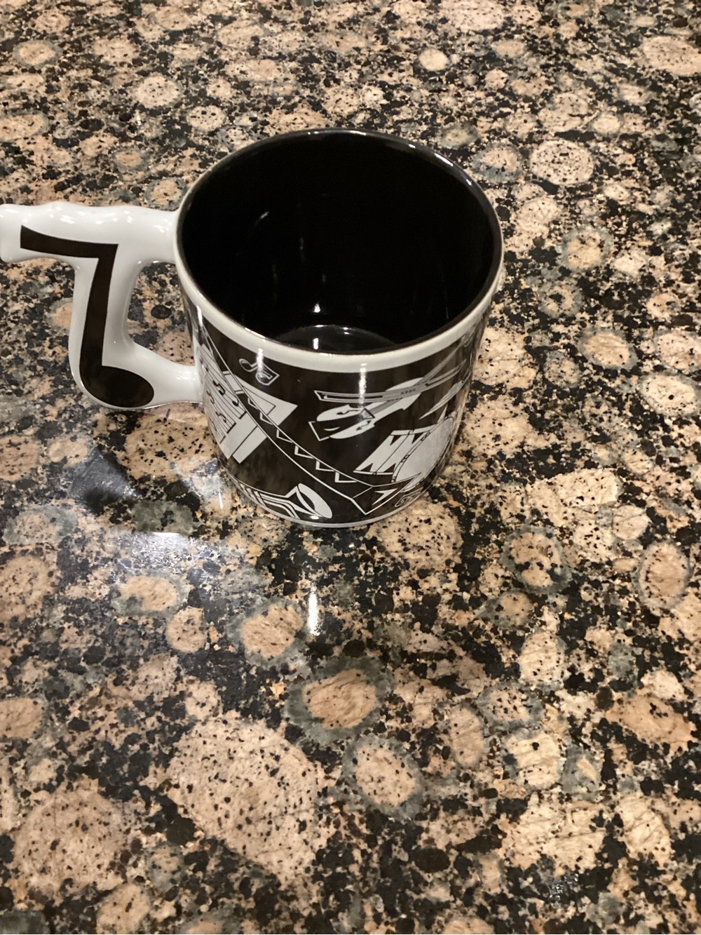 Russ Black and White Graphic Ceramic Mug with Musical Note Handle